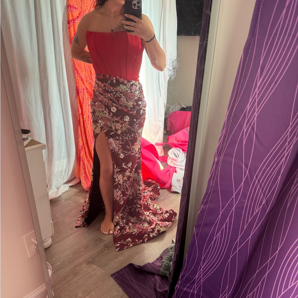Red Strapless Floral Gown
